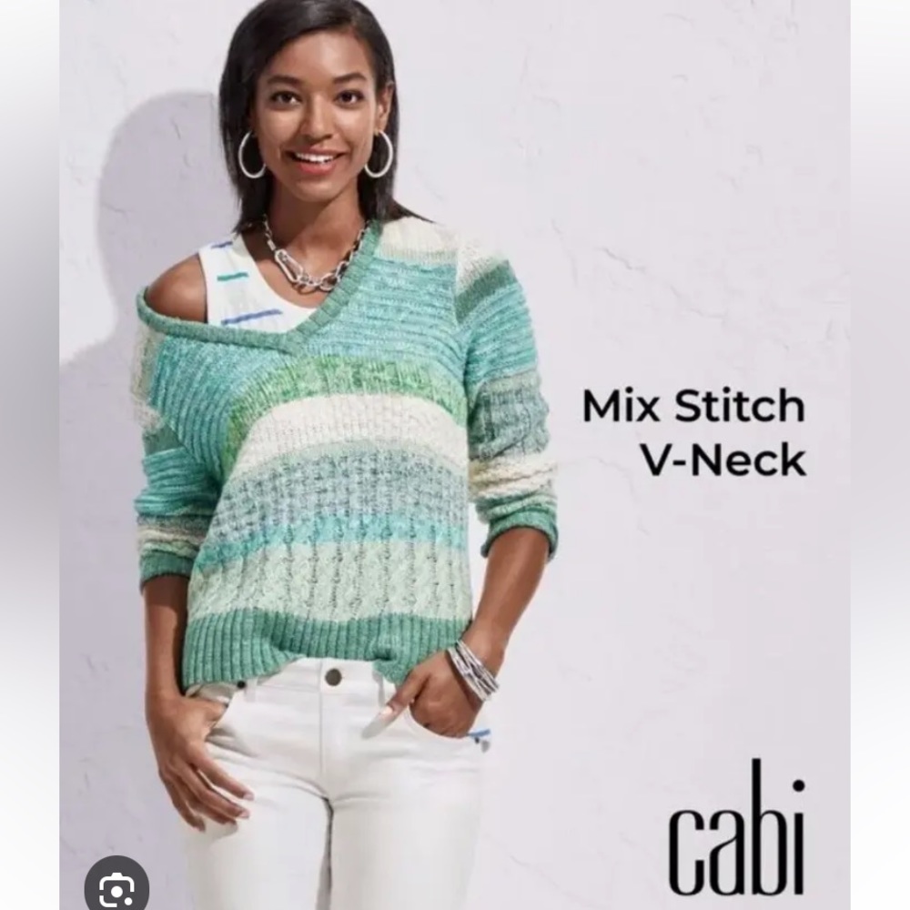 cabi NWOT Mix Stitch V-Neck, Julep Stripe, SMALL, Spring 2022